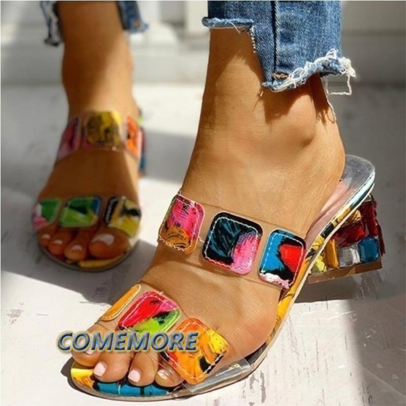 Модные женские босоножки на квадратном каблуке, летние босоножки с открытым носком, женские тапочки, разноцветные туфли на танкетке со стразами, босоножки, большой размер 41