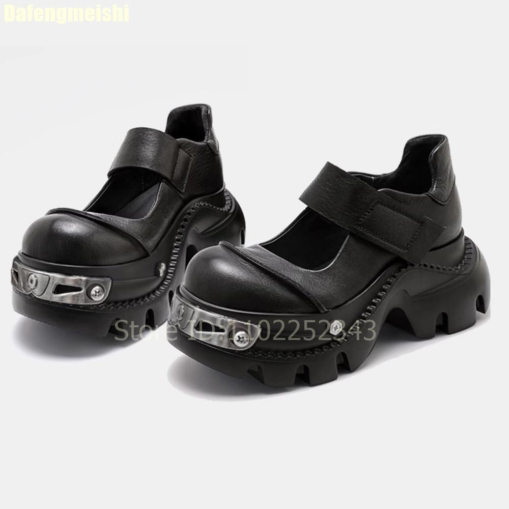 Мода 2025 Новые туфли Мэри Джейн на толстой подошве Женские Панк-стиль Летние С мелким круглым носком Черные кожаные туфли Туфли на платформе