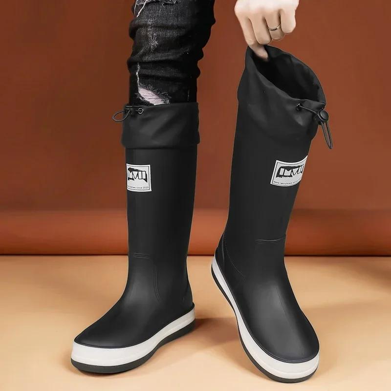 Модные мужские резиновые сапоги из бархата с высокой посадкой, рабочая обувь для мытья автомобиля, дождевые сапоги, модные износостойкие нескользящие водные сапоги