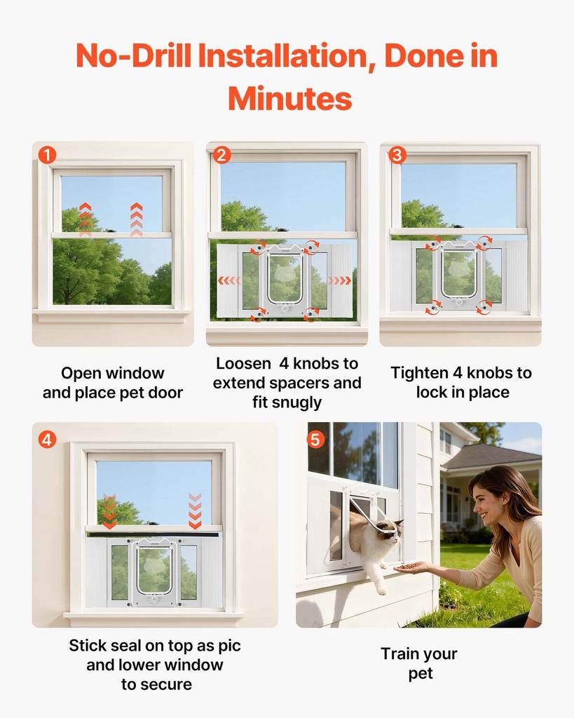 Cat Door for Window, Adjustable to Fit Window Width 584-711 mm, 4 Secure Lock Modes, Aluminum Frame and High-Transparency Glass, Magnetic Closure,