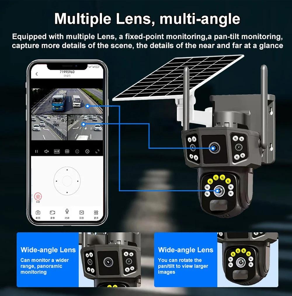 4K 8MP HD Dual Lens 4G SIM Solar Camera PTZ Auto Tracking Three Screens Outdoor Security Surveillance WIFI CCTV IP Cameras V380 APP