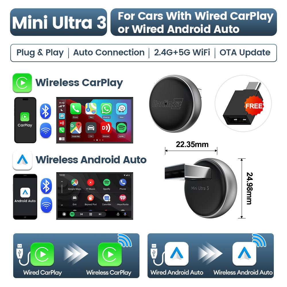 Мини-адаптер CarlinKit Mini Ultra 3 для беспроводного Android Auto и CarPlay, WiFi 2,4 ГГц и 5 ГГц, BLE, Автоматическое подключение, Обновление OTA, Мини-смарт-бокс для автомобиля