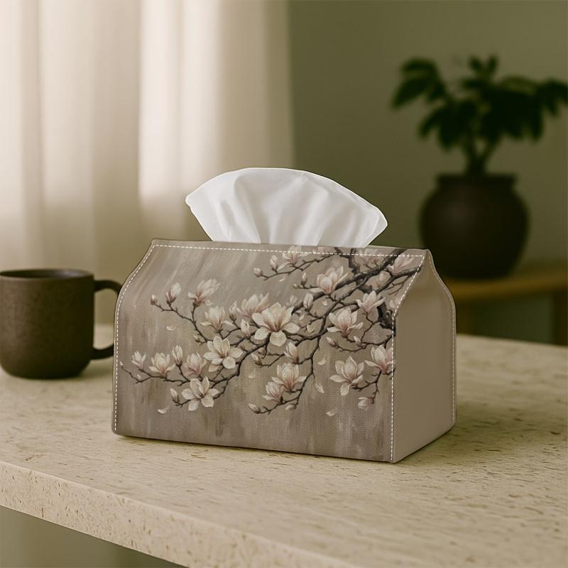 1pc White Magnolia Painting Tissue Box | Multi-functional Napkin Dispenser, Suitable for Home, Parties, Car Decoration Elegant Floral Branch Art - Dec