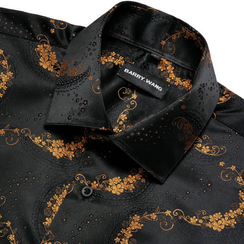 Мужская модная классическая черно-золотая рубашка с узором пейсли, тканые шелковые рубашки с длинными рукавами Barry.Wang, мужская одежда