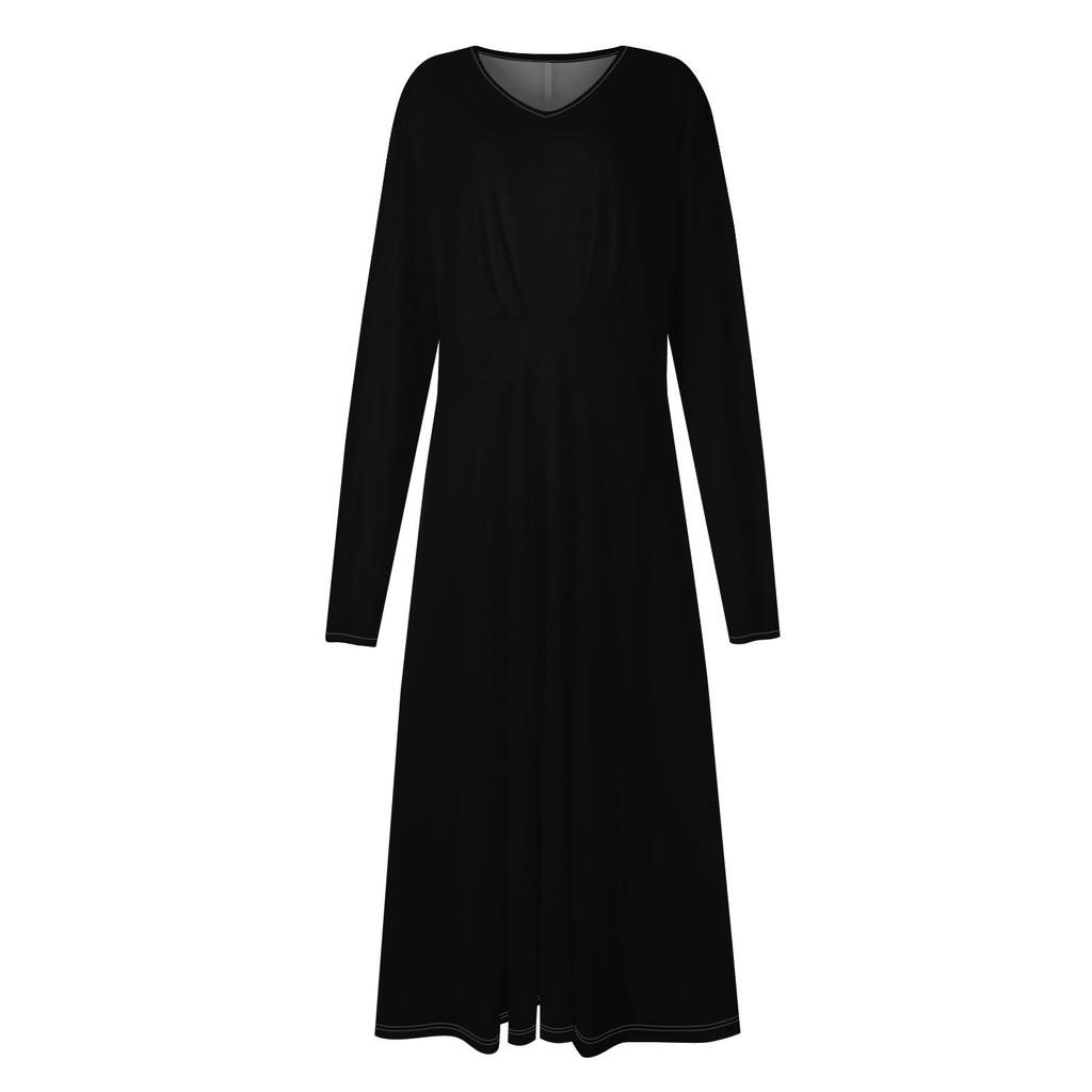 Women's Autumn And Winter Casual Fashion V-neck Long Sleeve Solid Color Long Dress