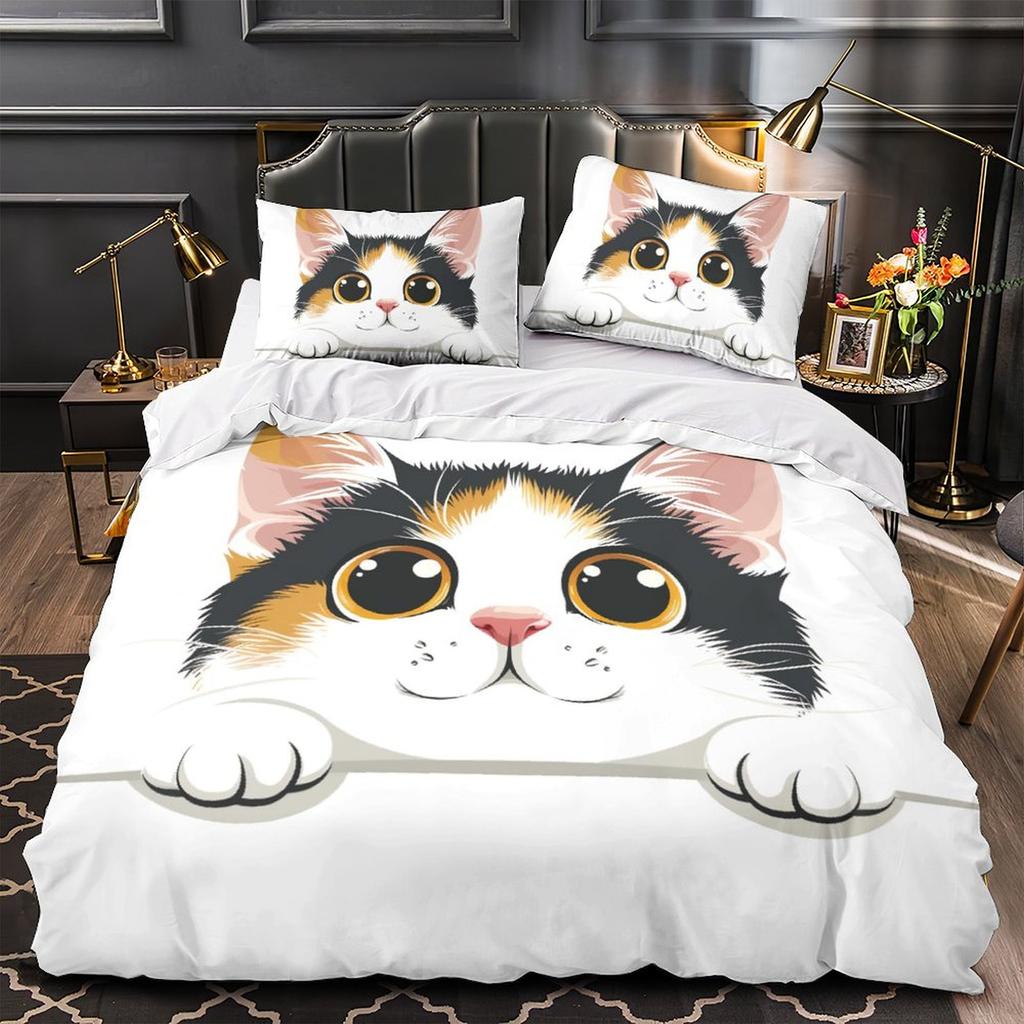 3D Cartoon Animal Bedding Set Cute Cat Down Duvet Cover Pillowcase 2/3pcs Girl Kids Women and Boys Cover