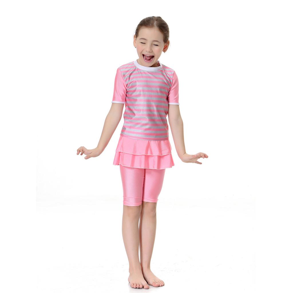 Girls Muslim Swimwears Split Two-piece Swimming Suit Short Sleeve Striped Kids Swimsuit