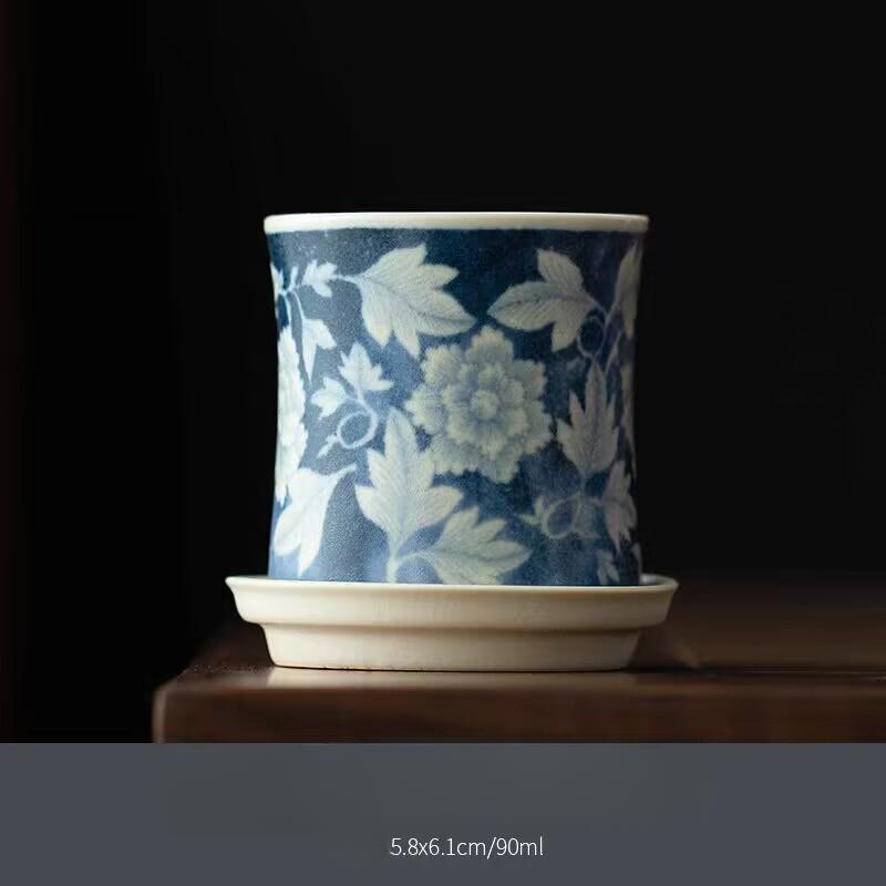 Retro Blue And White Cup And Saucer Set, Household Single Coarse Pottery Teacup, National Color Master Cup Tea Cup Matte Coaster Set