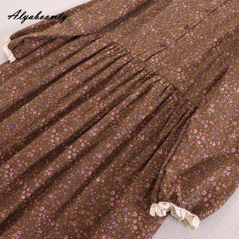 Mori Girl, весенне-осеннее женское платье в стиле ретро с воротником-стойкой, синее, абрикосовое, кофейное, с цветочным принтом, хлопковое и льняное винтажное свободное платье миди