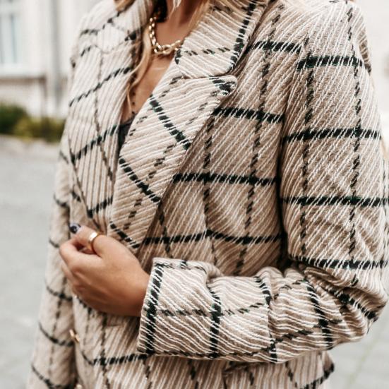 Зимнее осеннее женское пальто с отложным воротником, клетчатый принт, двубортное, с длинными рукавами, плотная куртка средней длины для свиданий, поездок на работу, офиса