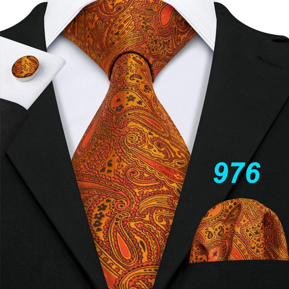 Barry.Wang Necktie Hankerchief Cufflinks Set Earth Yellow Paisley Jacquard Woven Wedding