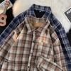 Рубашка в японском стиле в стиле ретро для городских пар, бархатная, с подкладкой, на осень и зиму, для мальчиков в студенческом стиле, теплая, в клетку