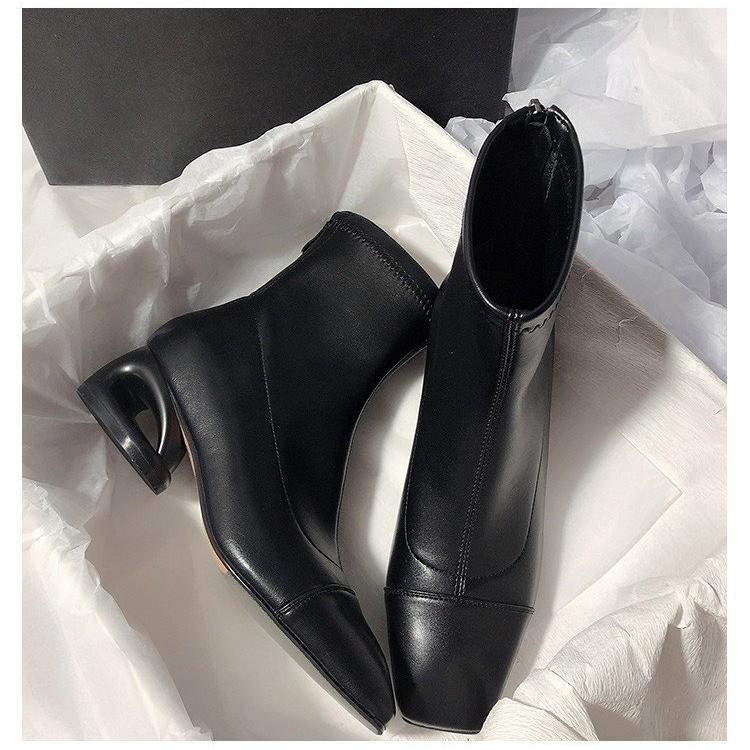 Fashion Square Toe Chunky Heel Back Zip Mid Heel Elegant Temperament Cut-out Special-shaped Heel Fashion Skinny Women's Boots