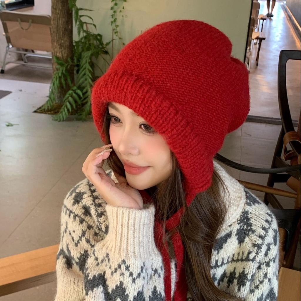 Balaclava Hat Women's Red Autumn and Winter Warm Versatile Face Small Solid Color Knitted Wool Ear Hat