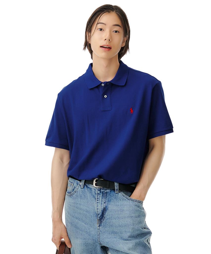 POLO RALPH LAUREN Хлопковая футболка-поло с сетчатой текстурой, приталенная, на заказ - Синяя