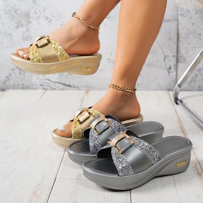 Модные женские шлепанцы на танкетке с бантом-бабочкой, блестящие туфли, женские шлепанцы на каждый день, высокий каблук, зрелые элегантные сандалии, слайды для женщин