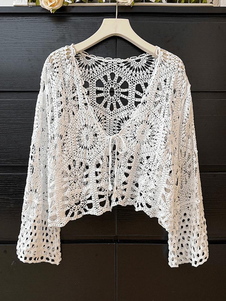 Богемный вязаный кардиган на завязках крючком - Женский топ с длинным рукавом для защиты от солнца