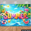 2D plane summer beach party backdrop fabric with large-sized letters as the core complemented by pink color.