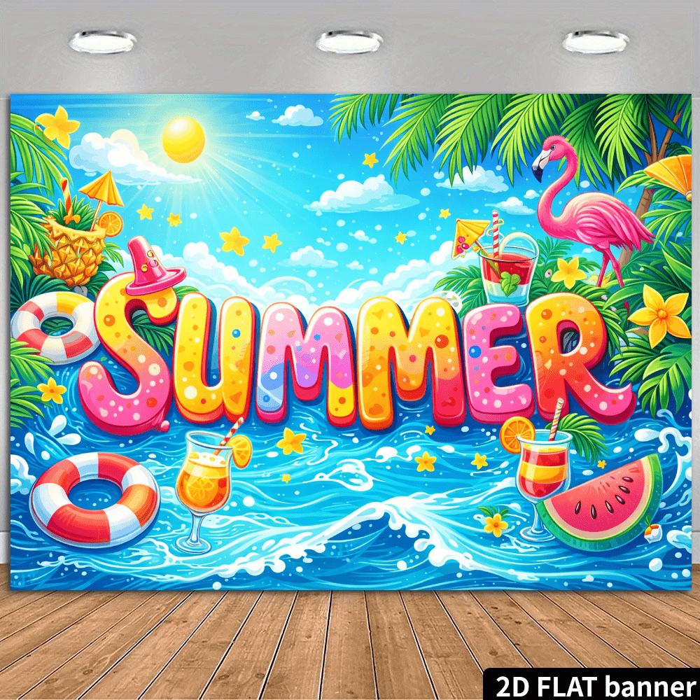 2D plane summer beach party backdrop fabric with large-sized letters as the core complemented by pink color.