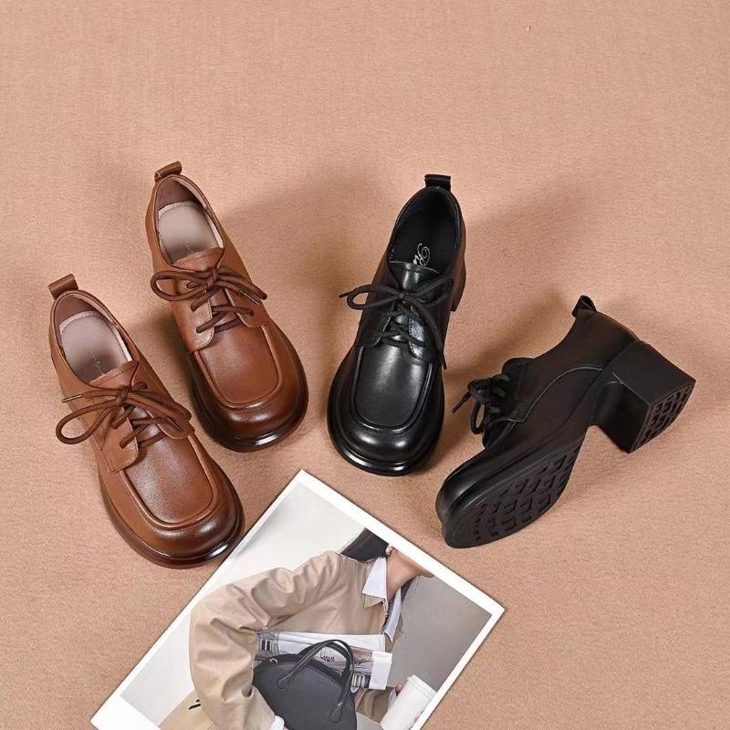 Women's New Spring and Autumn Thick Heel Deep Mouth Lace-up To Increase Height and Thin Muffin Bottom Versatile Work Small Leather Shoes