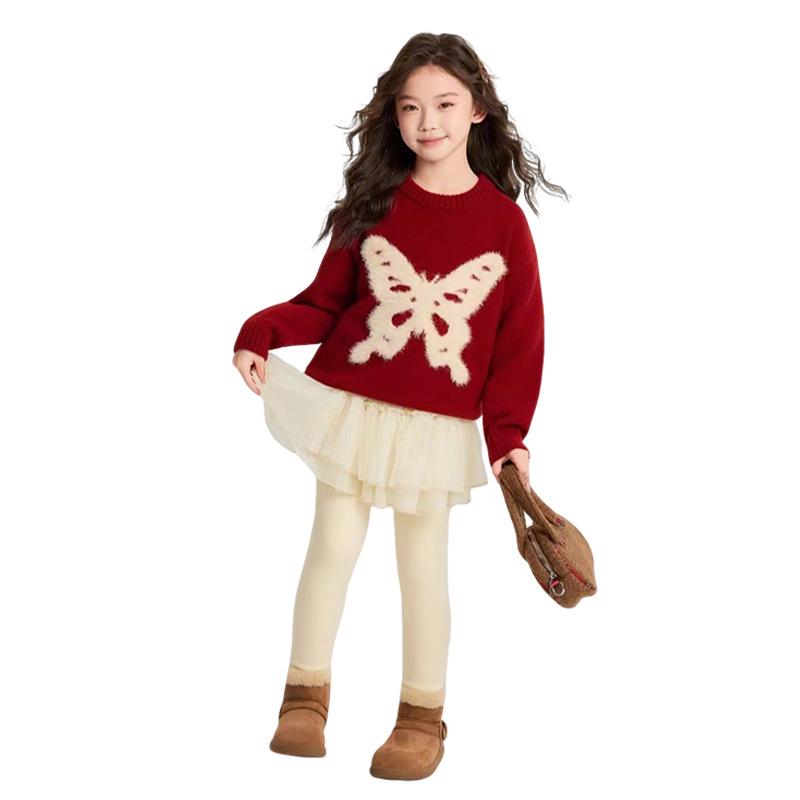 Girls' Winter Mink Velvet Butterfly Sweater - New Year Red Knit Pullover 2026