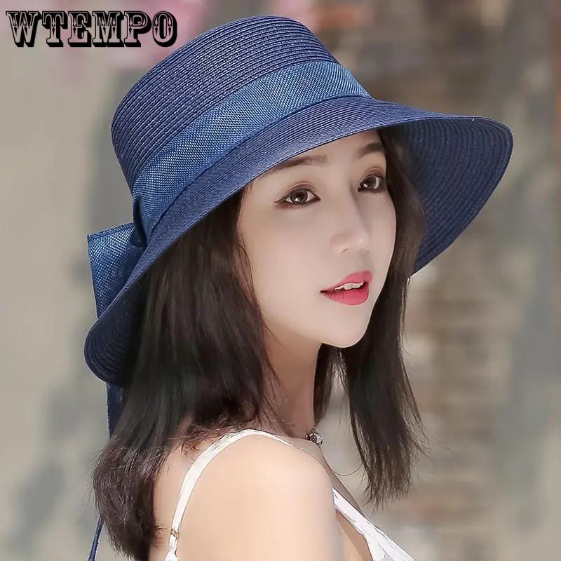 WTEMPO Elegant Casual Travel Beach Foldable Summer Hats with Bow Women's Wide Brim Solid Color Outdoor Sunscreen Hats