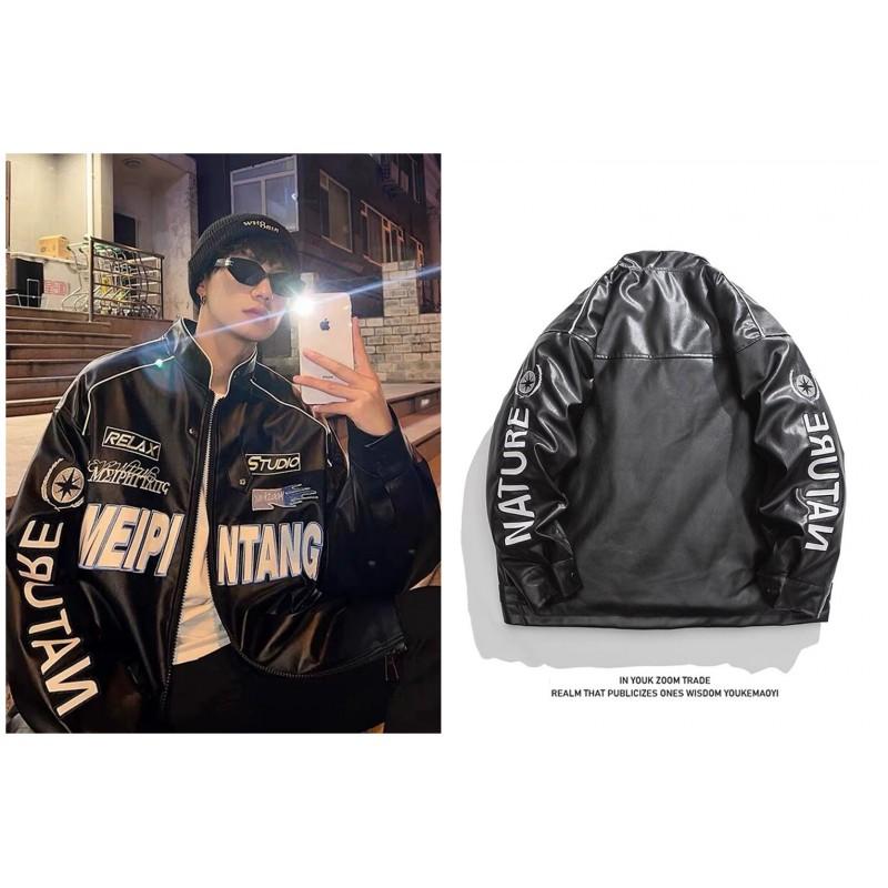 Womens Oversized Streetwear Embroidered Baseball Jacket Hip Hop Loose Fit Moto Style