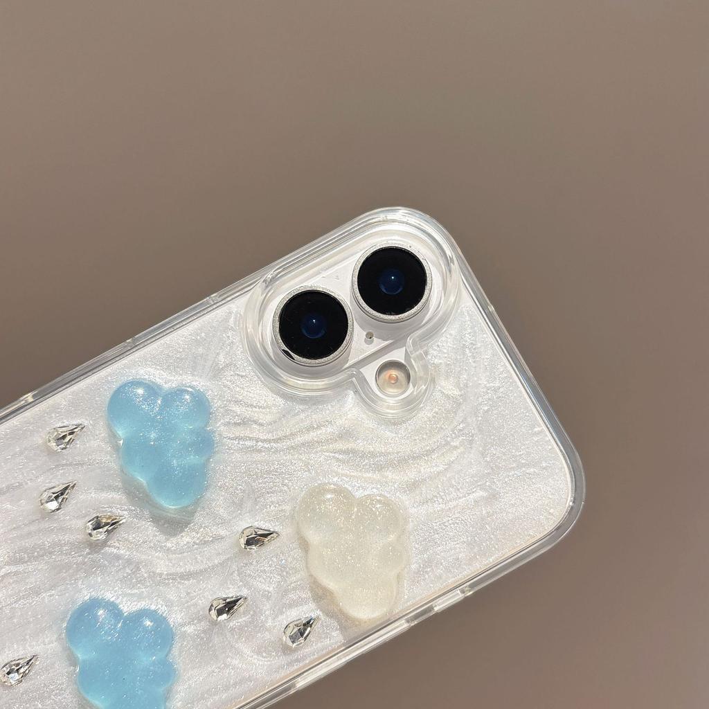 For iPhone 16 Case Cute 3D Cloud Rhinestone Decor TPU+PC Phone Cover (Precise Lens Cutouts)
