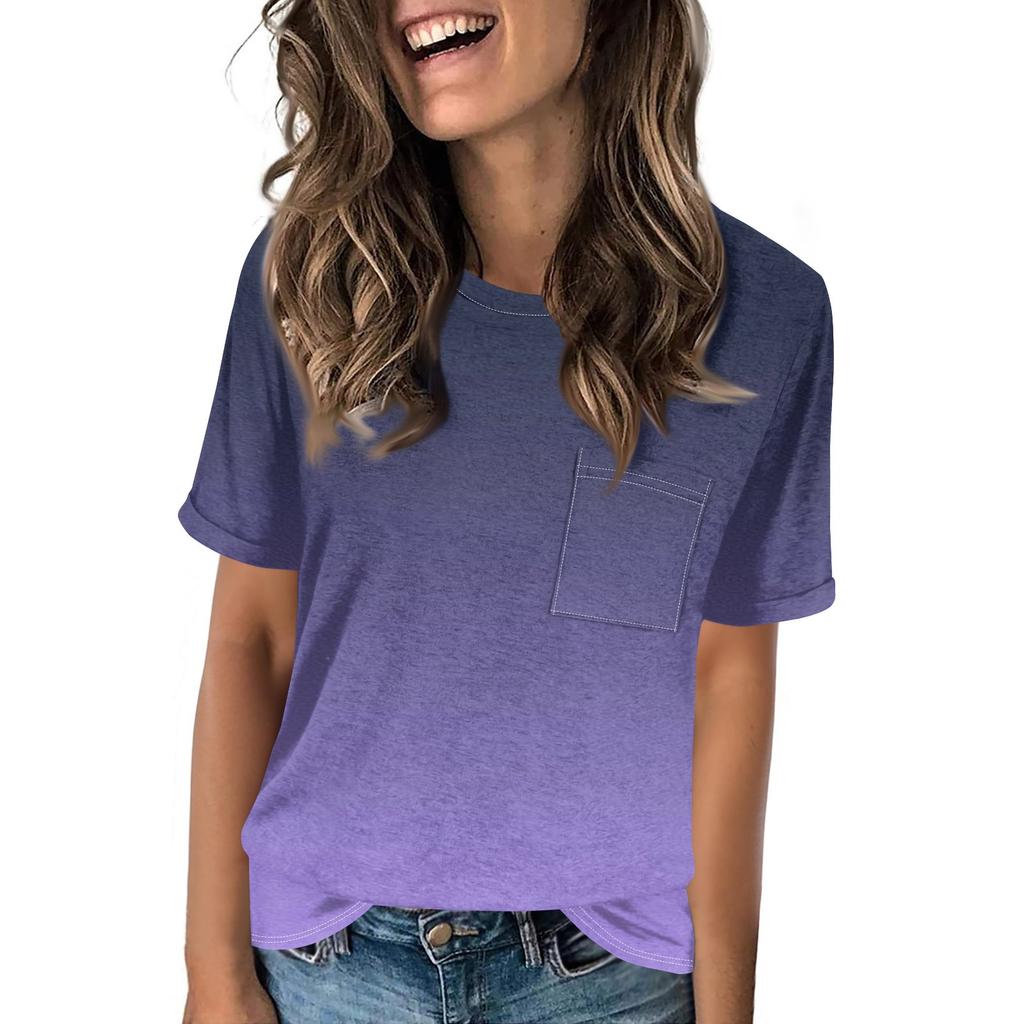 Women's Pocket Gradient Print Summer Short Sleeve Round Neck Casual Loose T-shirt Top