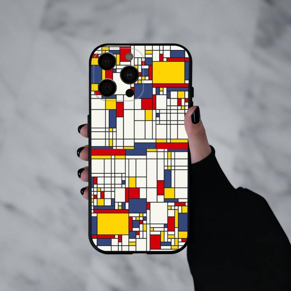 Сетка T-TOPLBPCS M-Mondrian Чехол для телефона для iPhone 17pro,16,15,14,13,12,11 Plus,Pro Max,XS,Мягкий силиконовый черный чехол