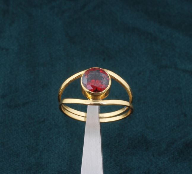 Red Garnet Double Band 22kt Gold Plated Brass Ring For Men Women, Handmade Round Gemstone Gold-Plated Ring Gifts Idea Wedding Anniversary Birthday