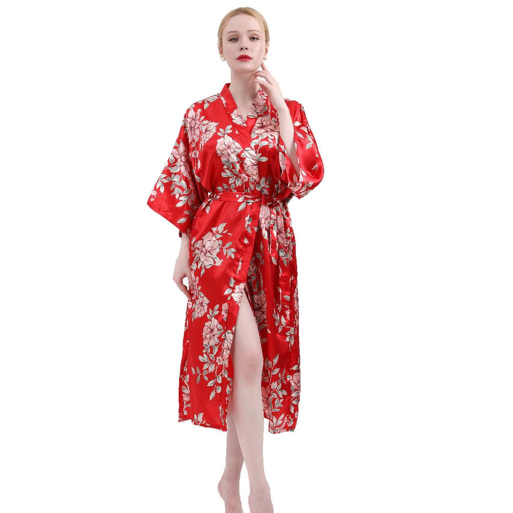 Spring and Autumn Long Imitation Silk Sexy Ladies Home Robe Fashion Temperament Elegant Cute Korean Version of The Silk Mother Morning Robe Home
