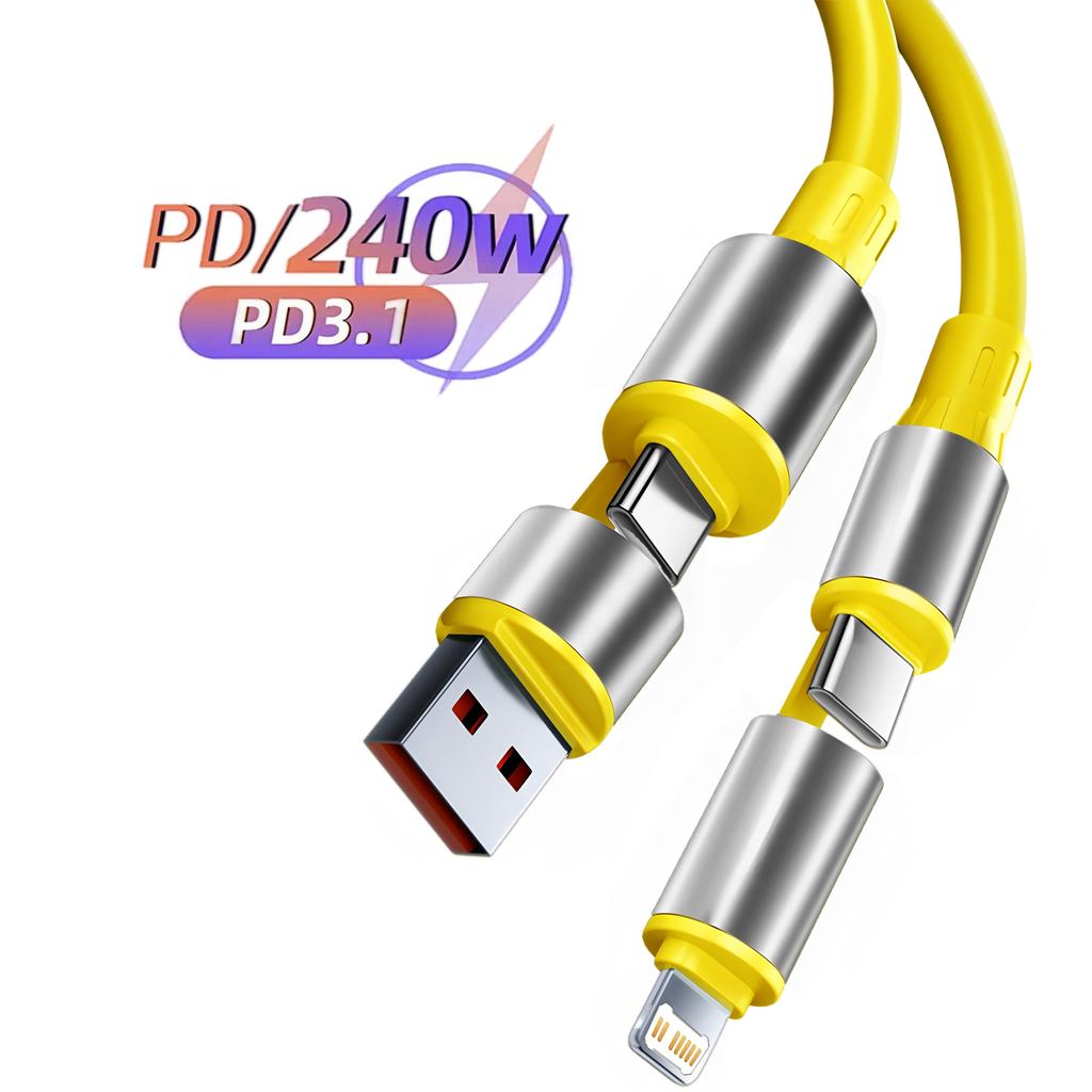 4 в 1 240 Вт Кабель для быстрой зарядки для iPhone15 16 17 Android USB Type C Зарядный кабель Многопортовый Несколько USB Зарядная проволока Линия