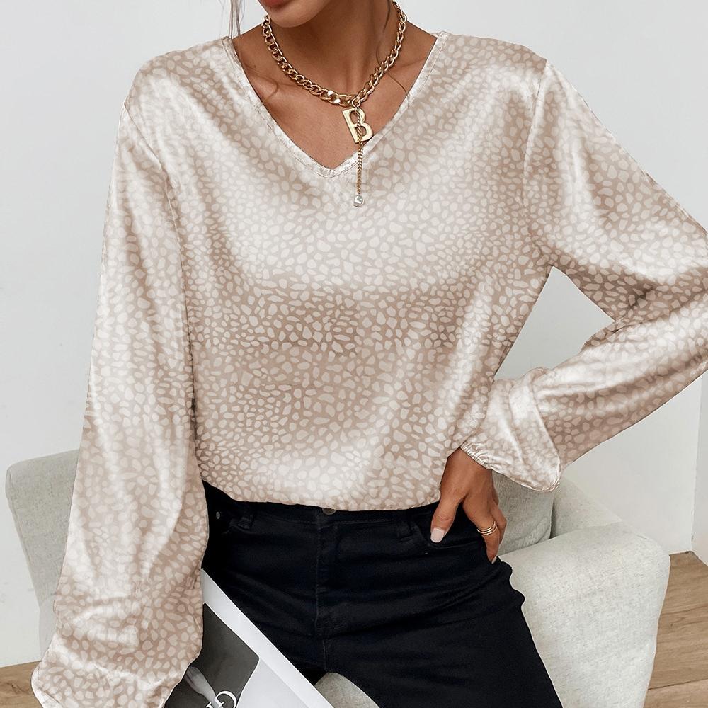 QICED Весенне-осенняя рубашка с v-образным вырезом и леопардовым принтом, женская жаккардовая рубашка с длинным рукавом