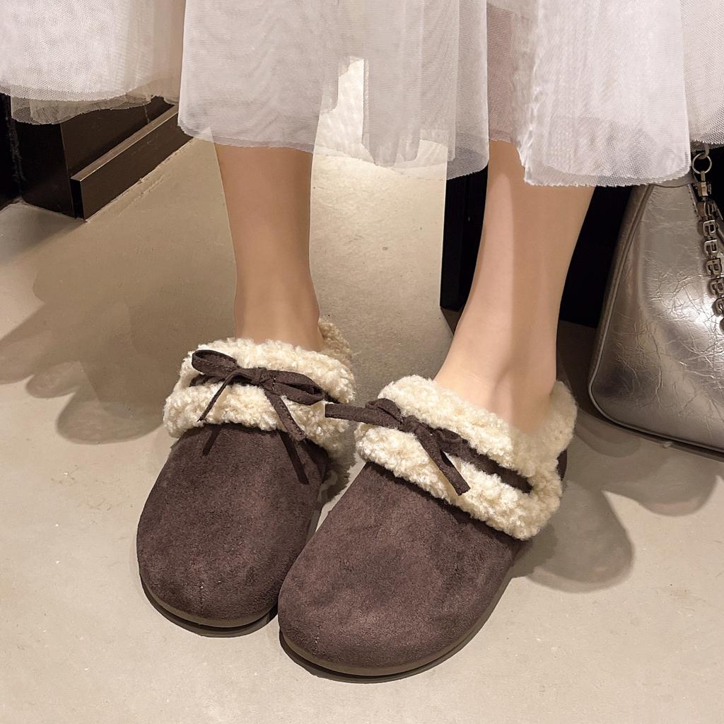 Внутреннее увеличение ретро Birkenstock уличные тапочки осень и зима бархатные теплые с бантом хлопковые тапочки