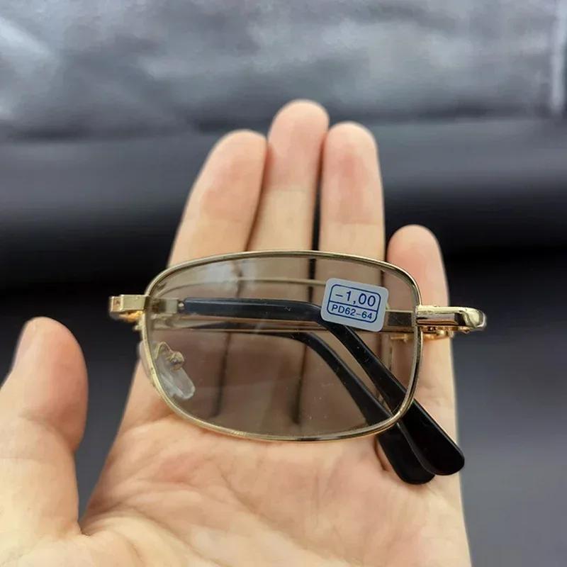 Luxury Foldable Business Men's Myopia Glasses with Leather Box Finished Prescription Minus Diopter Eyeglasses 0 To -4.0 Eyewear