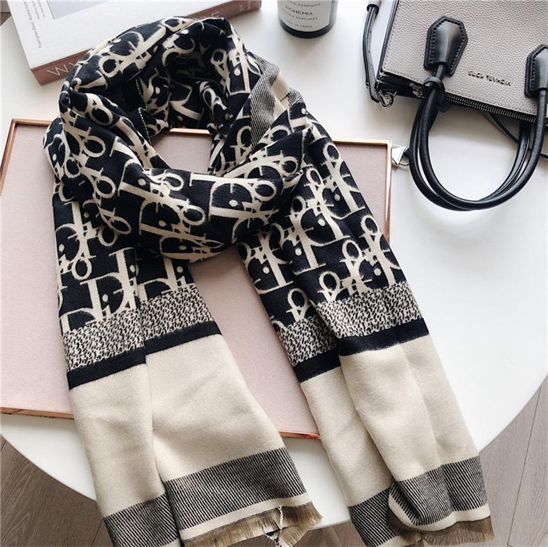 Classic Fashion Letter Thousand Birds Grid Imitation Cashmere Scarf Women's Winter Thickened Double Sided Air Conditioning Shawl Scarf Women's