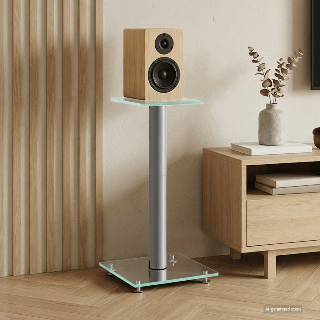 Speaker Stands (2 pcs) Silver Tempered Glass Single Column