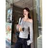 Split Hem Knitted Sweater Women's Spring Pure Desire Wind Open Shoulder Bottoming Top Diagonal Collar One-word Shoulder Long Sleeve Inner