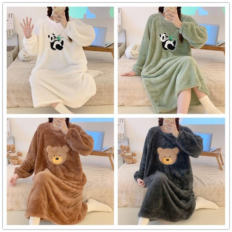 2024 Осень Зима Мультяшный принт Ночные рубашки и пижамы для молодых девушек Теплая фланелевая ночная рубашка с длинным рукавом Женская одежда для сна Рубашка Домашняя одежда Clohtes