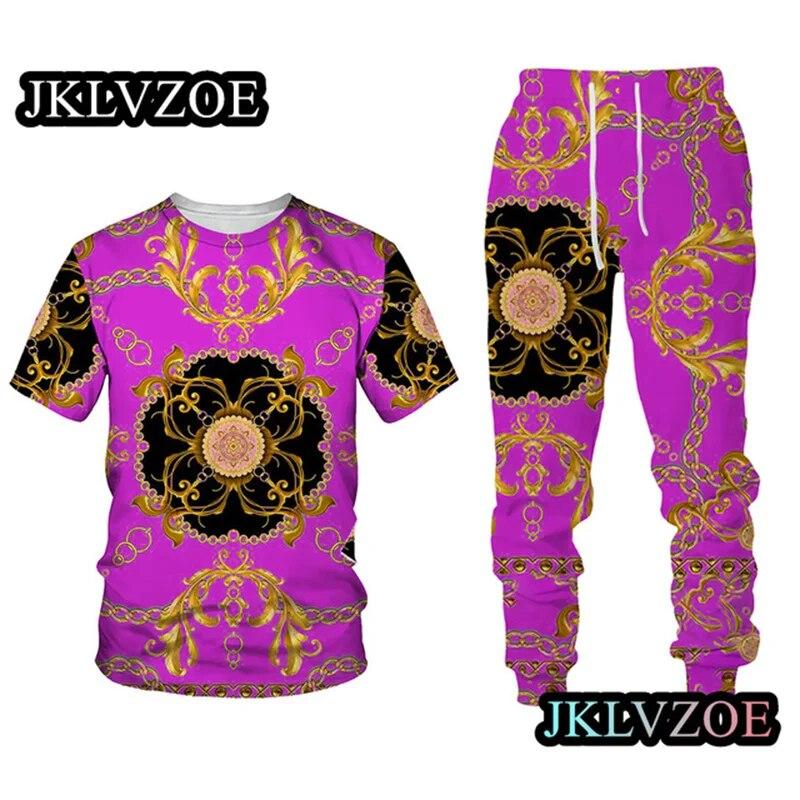 Мужской спортивный костюм, элитный бренд, футболка с коротким рукавом + длинные брюки, комплект из 2 предметов с золотистым 3D принтом, спортивная одежда для бега, повседневная уличная одежда
