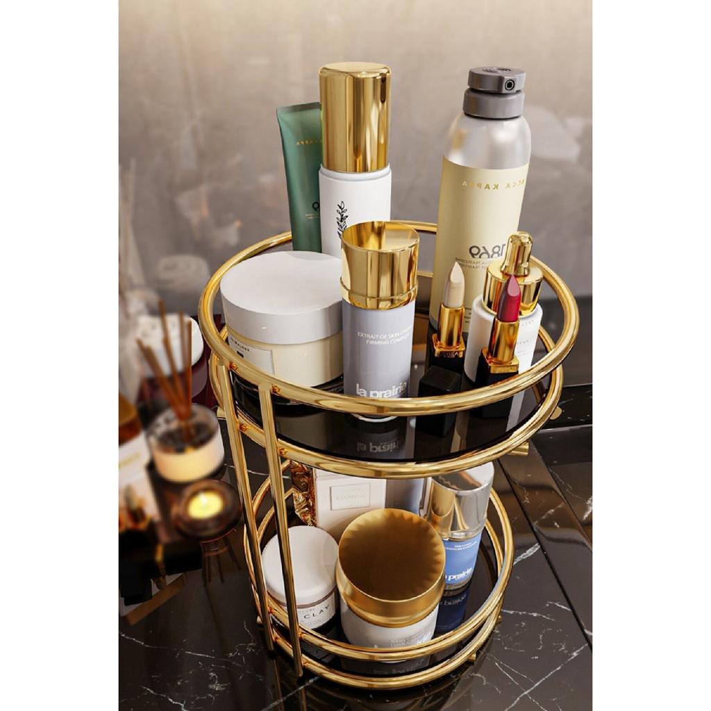 Bathroom Cosmetic Jewelry Organizer Multi-purpose Organizer 2-tier Serving Presentation Tray Treat Holder Gold