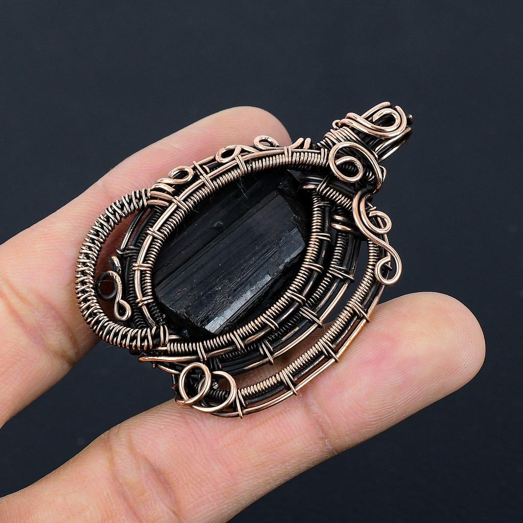 Подвеска из черного турмалина, ювелирное изделие из драгоценного камня, подвеска, обернутая медной проволокой 999 пробы, удивительное ювелирное изделие-подвеска ручной работы