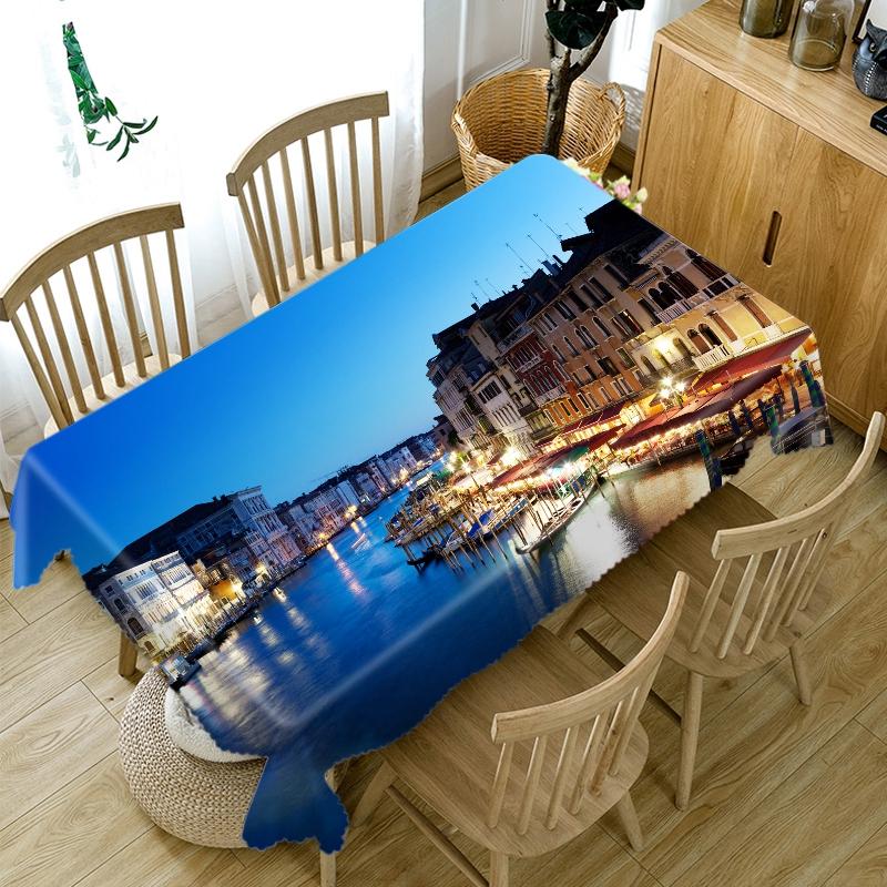 Thicken Cotton Tablecloth Bay City View Night Lights Pattern Rectangular Round Table Cloth For Wedding Picnic Party