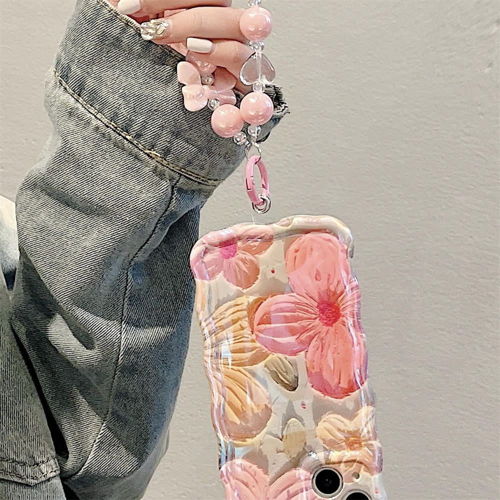 Waterproof and Shockproof TPU Colorful Flower Phone case for iPhone 15 Pro Max Wrist Strap 14 Protective case