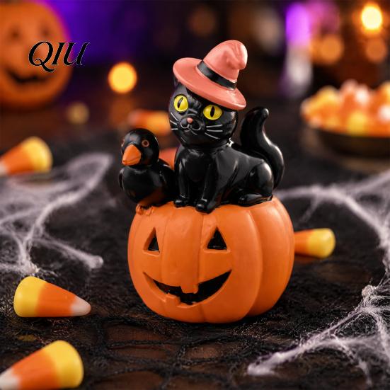 Pink Wizard Hat Cat Halloween Pumpkin Figurine, Retro Black Stacked Resin Decorations Tabletop Figurine for Table Desk Office Mantel Home Fireplace