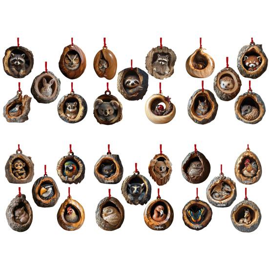 5Pcs Christmas Animal Ornaments 2D Acrylic Cute Wildlife Pendant Raccoon Owl Squirrel Hedgehog Bird Tree Hole Wood Texture Hanging Decorations
