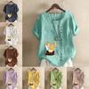 Women's Fashion Cute Cat Prined Round Neck Short Sleeve T-shirt Casual Cotton Linen Graphic Shirt Leisure Loose Summer Blouse Tops Plus Size