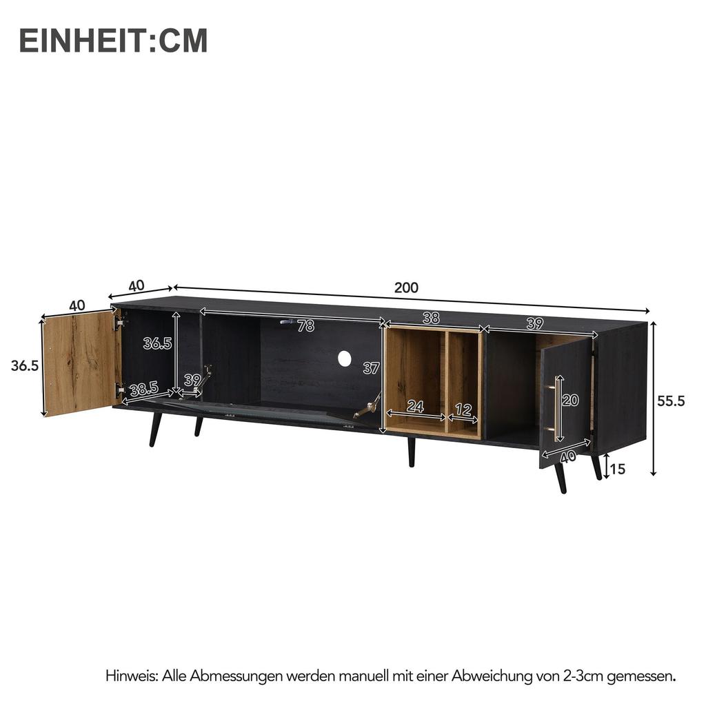 TV Schrank Lowboard 200cm, Modernes TV Board TV-ständer Riffelglastür, Offenes Staufach, Schlichtes Fernsehtisch HiFi-Schrank Holzfarbe & Grau