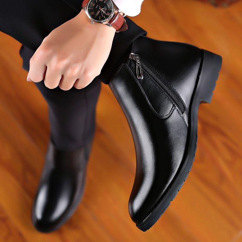 [Leather Wool] Winter New Cotton Shoes Men's Piled Thickened Warm High-top Shoes Inner Heightening Leather Shoes